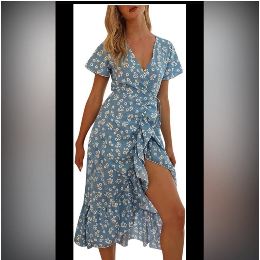 Women's Boho V Neck Ruffle Floral True Wrap Maxi Dress M-L 35-40” Chest 50” Long